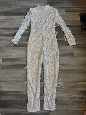 PrettyLittleThing Ivory Sequin Fringe High-Neck Jumpsuit